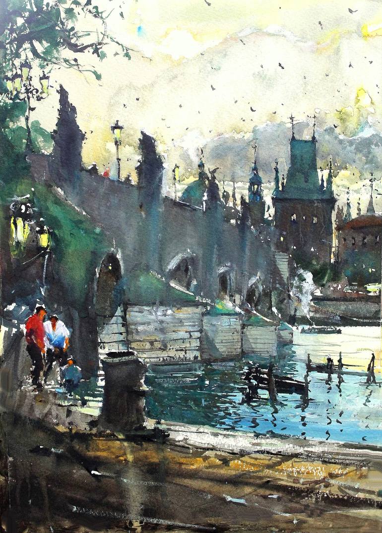 Original Cities Painting by Maximilian Damico | Impressionism Art on Paper | Under the Bridge at sunset