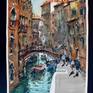 Pure Watercolor 22 H x 14 W inch. (57x36 cm) "Venice Rio II '' view through a narrow Rio (small canal) in Venice, Italy with moored boats and pedestrians crossing the bridge that spans the canal; made in studio year 2018. This piece is on 300 gsm watercolor paper with deckled edges and a white border