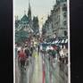 Plein air Watercolor 13,5 H x 9 W inches ( 35x22 cm). view over a crowded and busy street just behind the Notre Dame Cathedral in Paris , where its gorgeous apse stands...the Rue (Street) is depicted during a rush hour, full of cars, traffic and cafes signs during a raining day. Made on location in one single session. The piece is on Saunders Waterford 300 gsm watercolor paper with deckled edges.