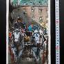 Plein Air Watercolor 11 H x 6,7 W inch.(28x17 cm) 'Viennese Fiakers' - I painted this artwork in situ, under St. Stephen`s Cathedral in Vienna: I was totally absorbed by the sparkling Horsedrawn cab ( Fiakers) and their vigorous and elegant horses; 2018. This piece is on 300 gsm watercolor paper with deckled edges and a white border, 300 gsm rough.