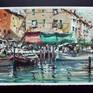 Pure Watercolor on paper 15 W x 11 H  ( 38x29 cm) This is a frontal view of a typical Canal in Venice; made with a fluid brushstrokes technique and lively colors. This piece is on 300 gsm watercolor paper with deckle edges and a white border; Made in Studio 2019 ( after several sketches made in my personal sketchbook , on location 2018)