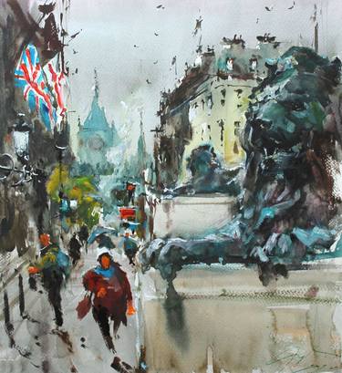 Trafalgar Square - Watercolor - London Photo and Painting