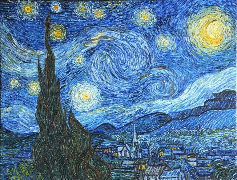 Original Landscape Painting by Hamidreza Soltani | Post-impressionism Art on Canvas | The Starry Night (After Vincent van Gogh)