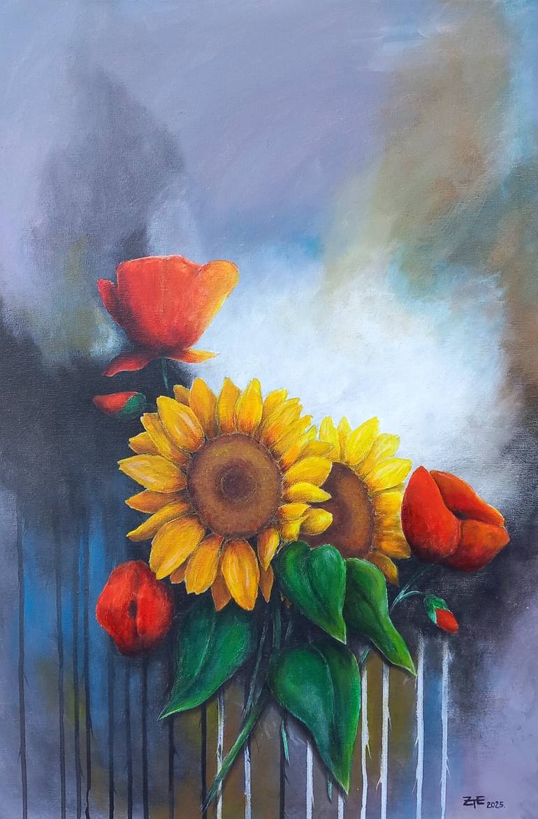 Original Floral Printmaking by Edit Tenyi  Abstract Expressionism Art on Canvas  Summer time
