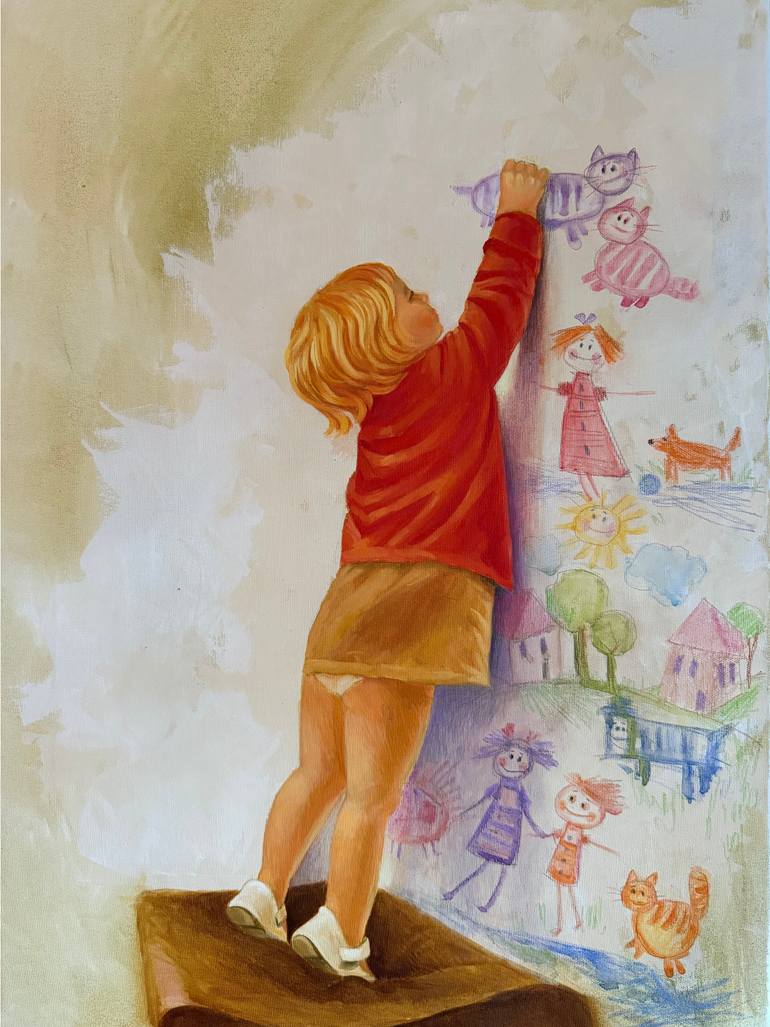 Original Children Painting by Anna Eleneva | Conceptual Art on Canvas | A World of Her Own
