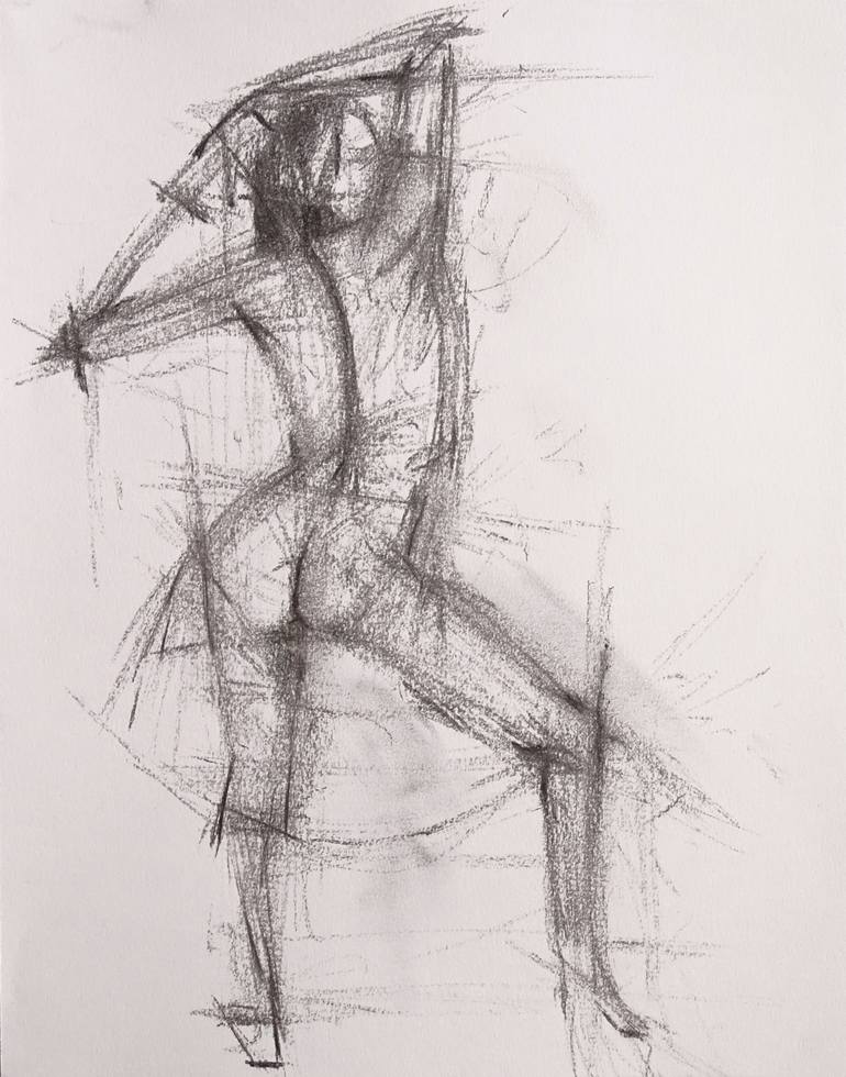 Nude Figure Standing Charcoal Gesture Drawing On Paper