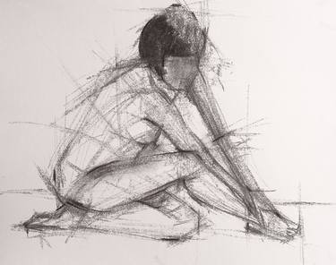 Figure Sitting Knot, Arms Down - Charcoal Sketch Drawing thumb