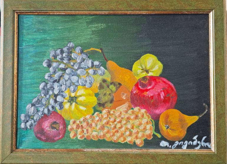 Vibrant Still Life with Fruit and Grapes Original Painting by tinatin gigiberia