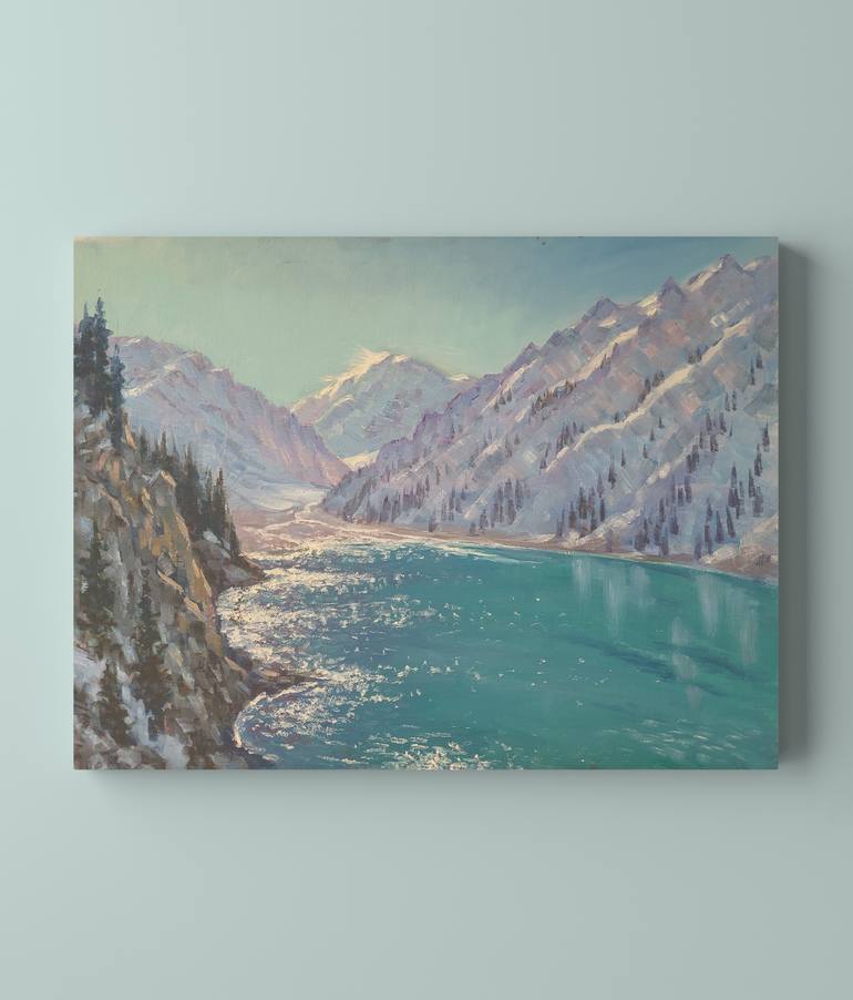Original Landscape Painting by Victor Pesterev | Realism Art on Canvas | Lake in the Mountains