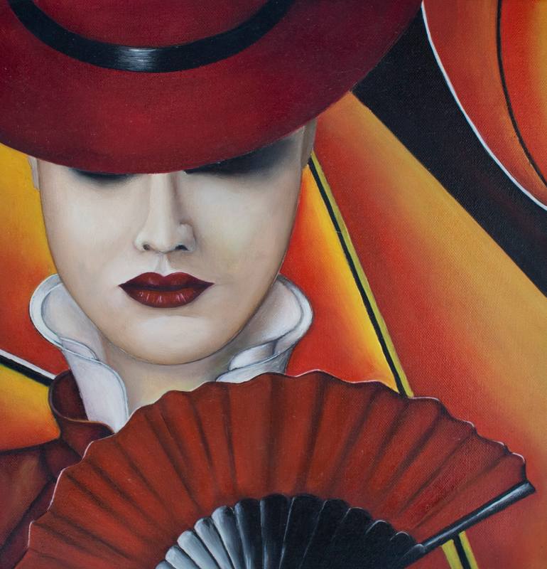 Original Women Painting by Alexios Paltachienti | Art Deco Art on Canvas | The Lady with the Red Hat