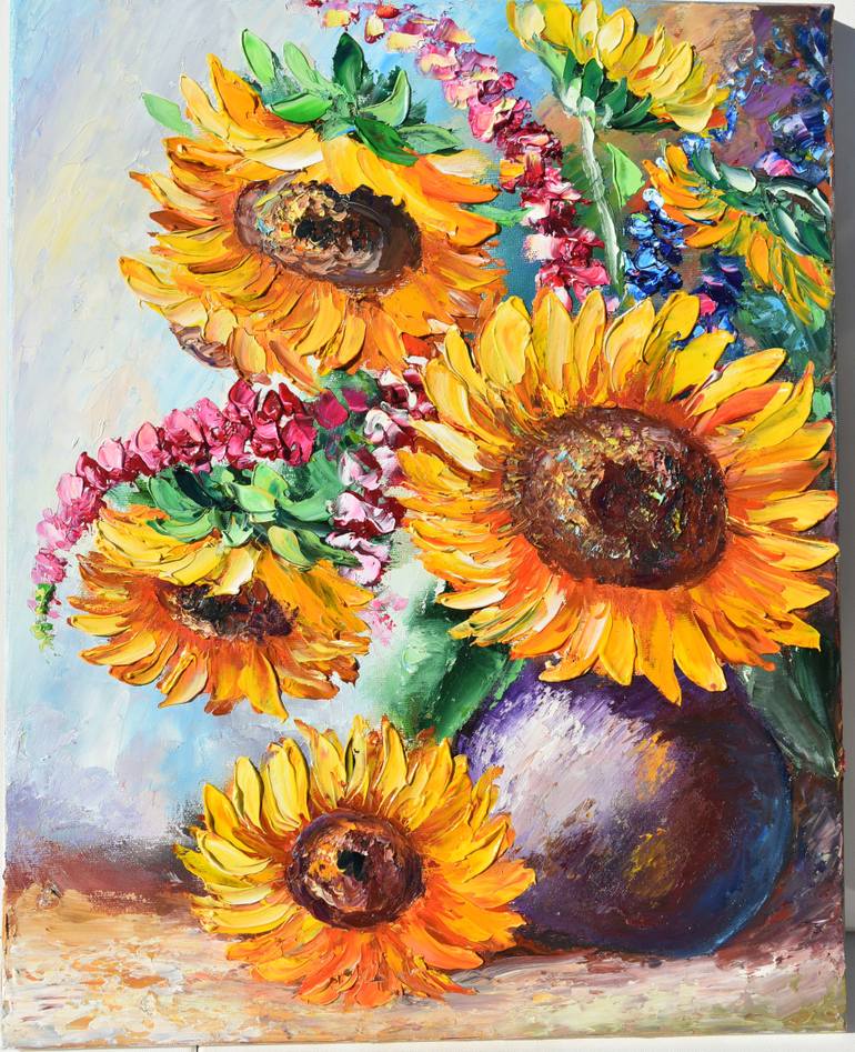 Sunflowers, still life with a palette knife on canvas Painting by ...