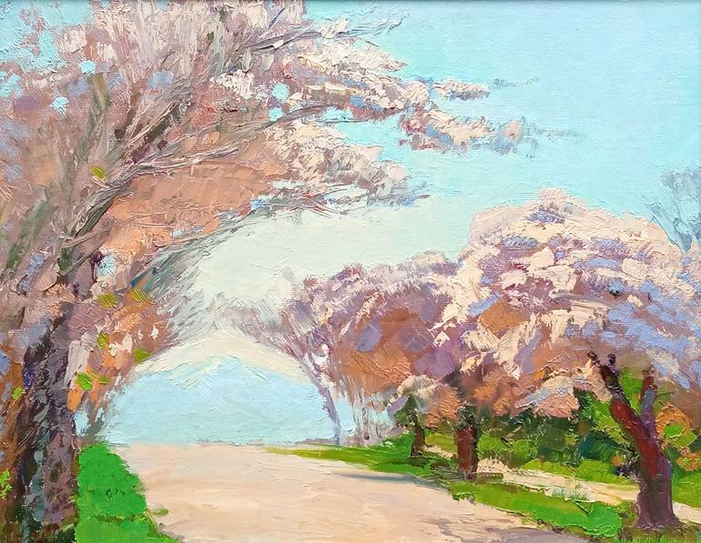 Original Landscape Painting by Andrii Yendakov  Impressionism Art on Canvas  Charry Blossom Time