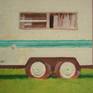 The overall yellow tint helps this 1970s camper trailer to almost blend into the background. The geometric shapes of the windows, tires, roof and trees bring out the subject against the gentle colors of the grass and sky. "Camper" is painted with acrylics on canvas mounted on an acid free white board. It's sold framed. The frame is a light-colored wood and measures 15.25 x 18.75 inches.