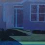 This acrylic painting measures 13" x 19" and is painted on 1/2 " Gatorboard. It's sold unframed but can be easily mounted on a float frame. This back lit suburban house is seen in shadow, creating a secluded, isolated mood. The light reveals the silhouette of the house emphasizing shapes that draw our attention to the perimeter of the painting.