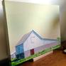 This acrylic painting measures 15” x 20” x 1.25”. It’s painted on canvas and gallery wrapped so that it can be hung as is or in a float frame. The unusual elongated shape of this barn drew my attention to it.  The barn is rendered in a simple abstract style that explores the geometry of the architecture as revealed by the strong shadows and light. The sky is created with subtle hues. The white textured vertical planks of this barn adds interest and contrast. The focal paint is the red barn door.