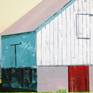 This acrylic painting measures 15” x 20” x 1.25”. It’s painted on canvas and gallery wrapped so that it can be hung as is or in a float frame. The unusual elongated shape of this barn drew my attention to it.  The barn is rendered in a simple abstract style that explores the geometry of the architecture as revealed by the strong shadows and light. The sky is created with subtle hues. The white textured vertical planks of this barn adds interest and contrast. The focal paint is the red barn door.
