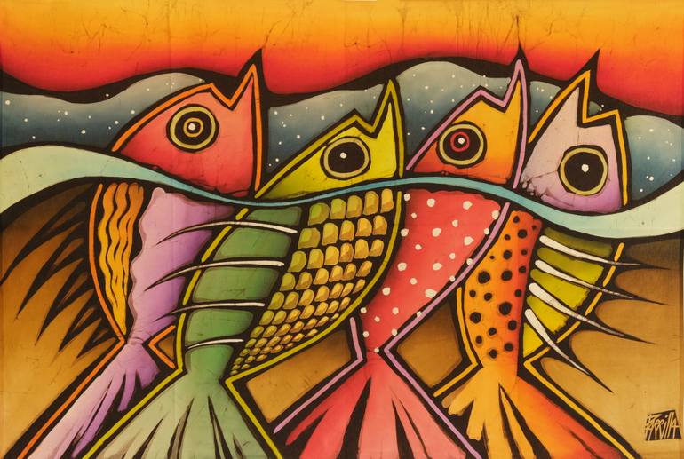 Original Animal Mixed Media by Arts Patio | Contemporary Art on Wax | A school of fish