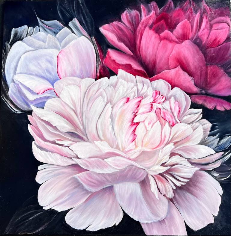 Original Floral Painting by Victoria Hannes-fedko | Photorealism Art on Canvas | Paeonia white and pink peony in feel bloom