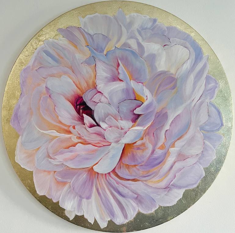 Original Floral Painting by Victoria Hannes-fedko | Photorealism Art on Canvas | Golden Lyla single white peony painting on a round canvas