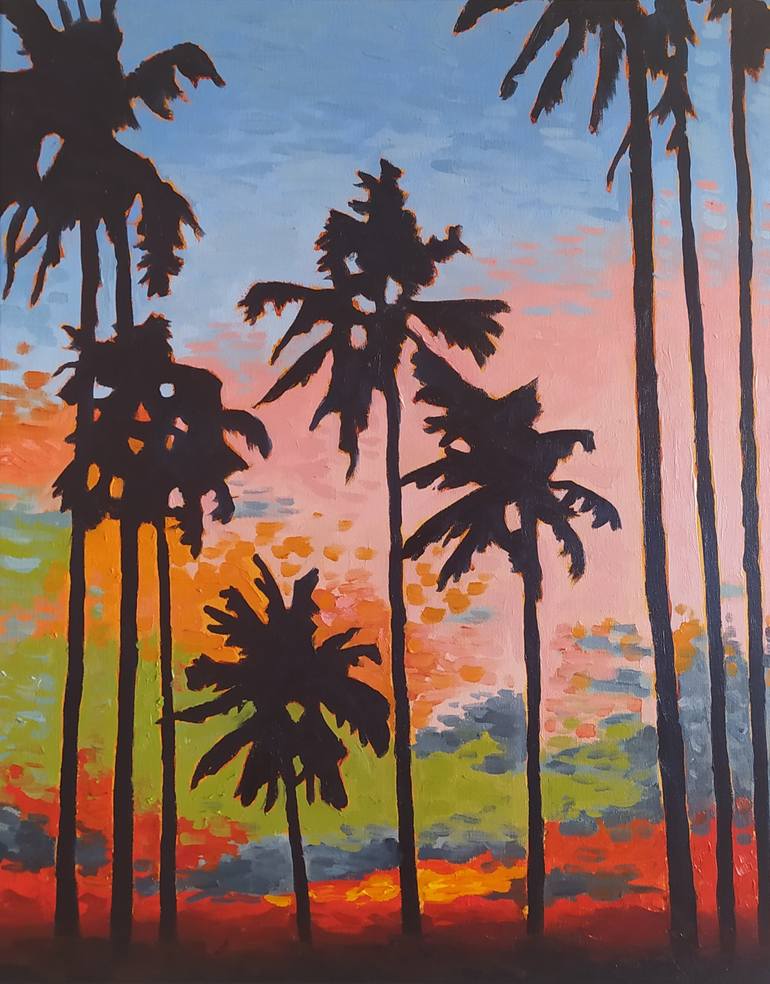 Original Sunset Painting by Gabi D | Post-impressionism Art on Canvas | Palm Trees in the Sunset