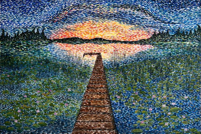 Original Sunset Painting by The Capricorn Spell | Impressionism Art on Paper | Golden Hour Over the Lilies