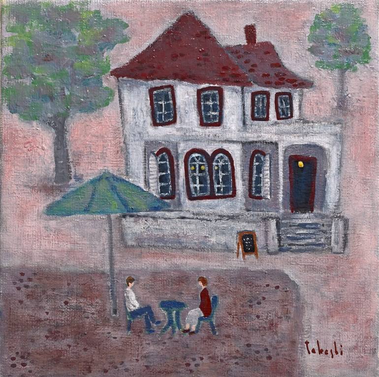 Original Landscape Painting by Takashi Yasuoka | Figurative Art on Canvas | Cafe under the Hackberry Tree