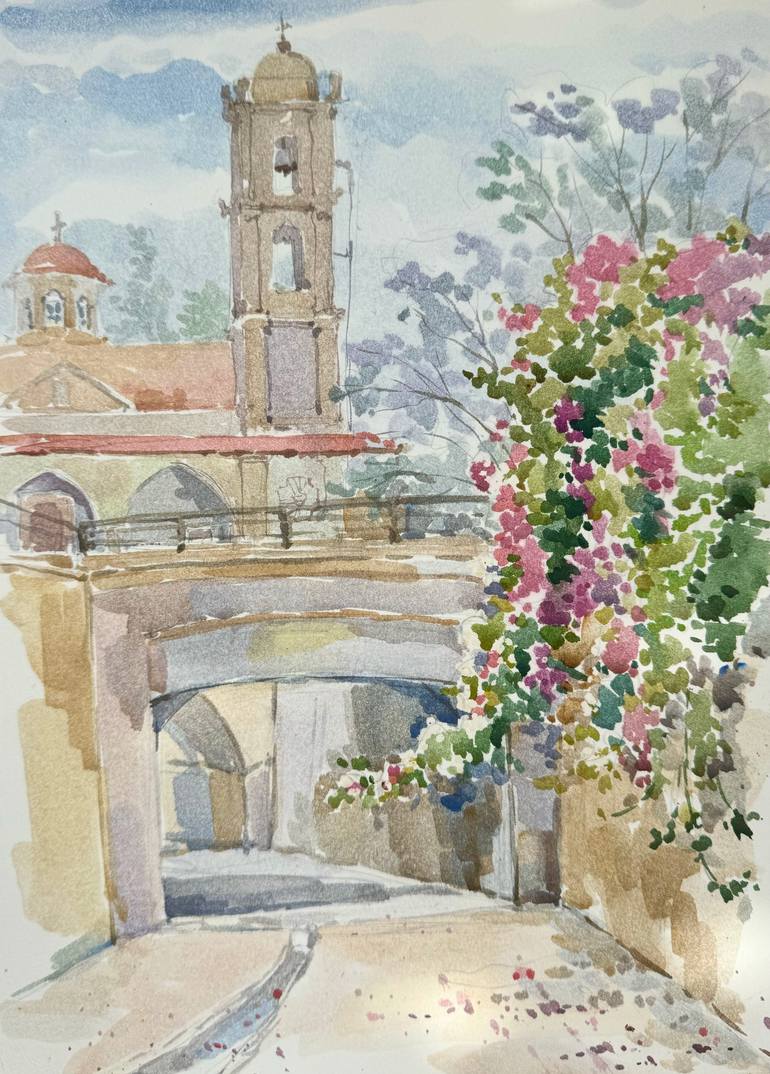 Original Architecture Drawing by Ekaterina Ivanova | Impressionism Art on Paper | Holy Church of Saints Constantine and Helen, Tochni, Cyprus