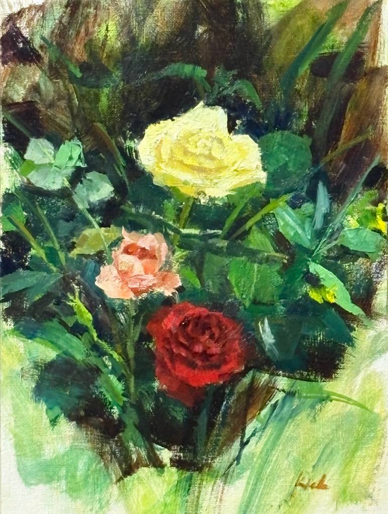 Original Floral Painting by Keisuke Monzen | Impressionism Art on Canvas | Roses in Green Light