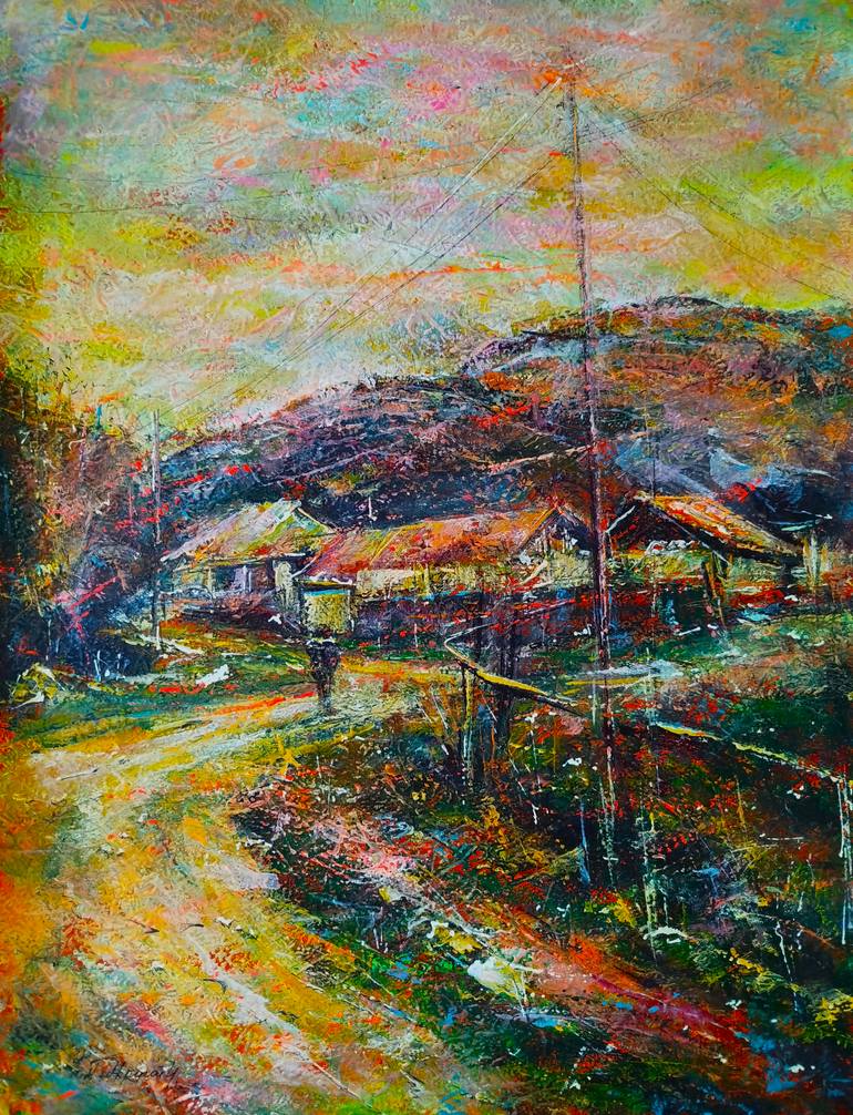 Original Landscape Painting by Artak Mkrtchyan | Expressionism Art on Paper | Sunset in the Village