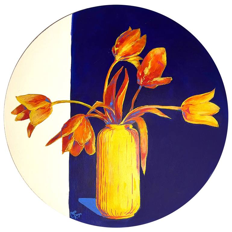 Original Floral Painting by Court Rogers | Impressionism Art on Wood | Tulips in Yellow Red and Blue