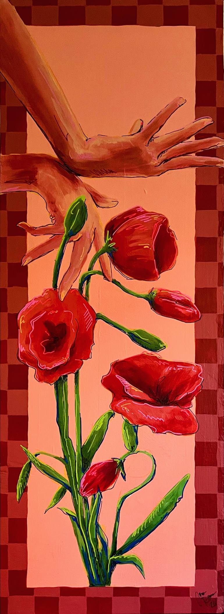Original Floral Painting by Court Rogers | Abstract Expressionism Art on Wood | Poppies on Pink and Red