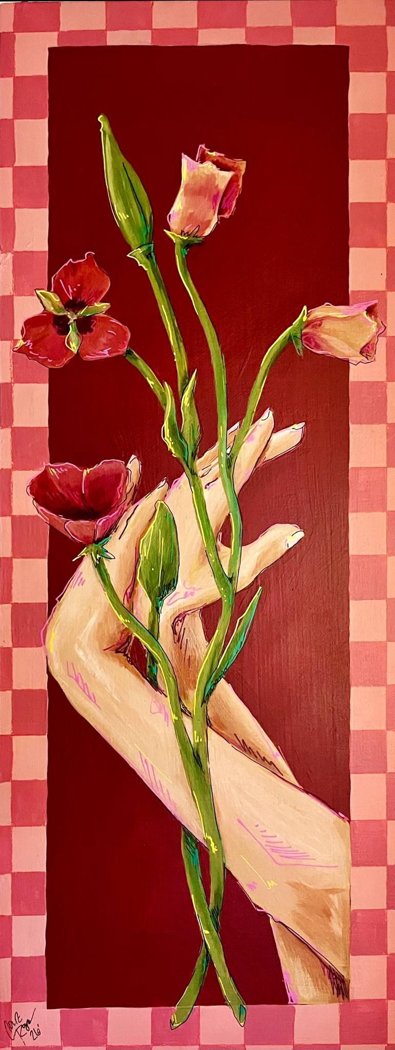 Original Floral Painting by Court Rogers | Abstract Expressionism Art on Wood | Poppies on Red and Pink