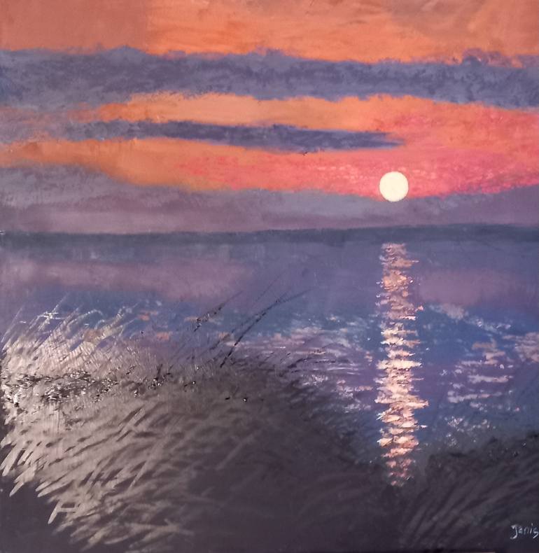 Original Landscape Painting by Janis Fry | Expressionism Art on Other | Sunrise over the Lake