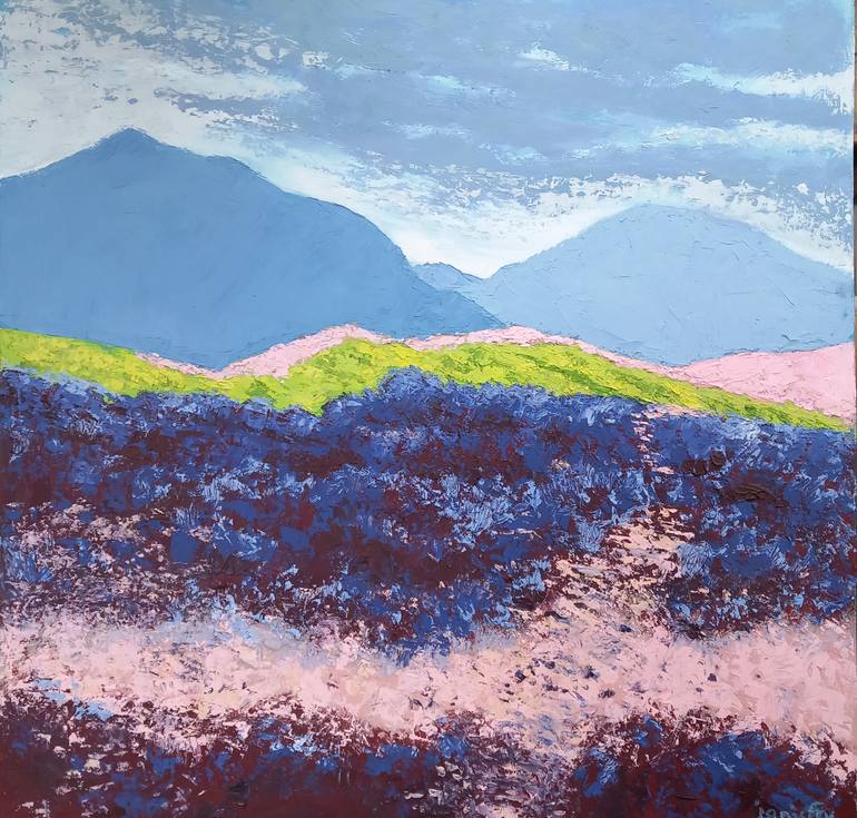 Original Landscape Painting by Janis Fry | Expressionism Art on Other | Pink and Blue Landscape