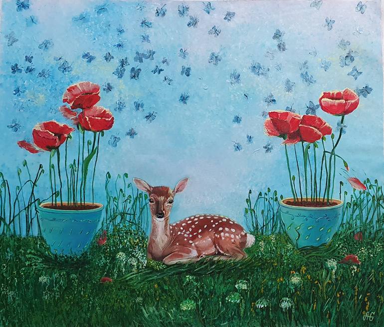 Original Animal Painting by Galyna Antonenko | Figurative Art on Canvas | Guardian of the Poppy Field.