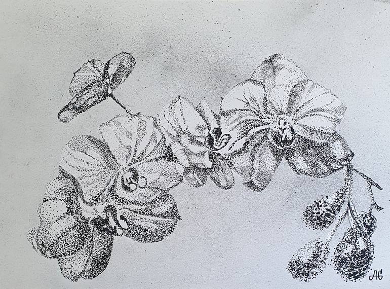 Original Floral Painting by Galyna Antonenko | Black & White Art on Paper | Constellation of the White Orchid.
