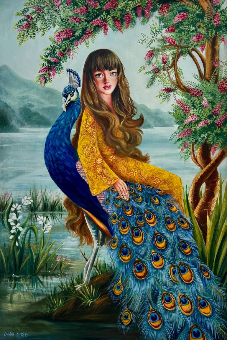Original Fantasy Painting by Lamai Ferner | Impressionism Art on Canvas | The Guardian of the Lake