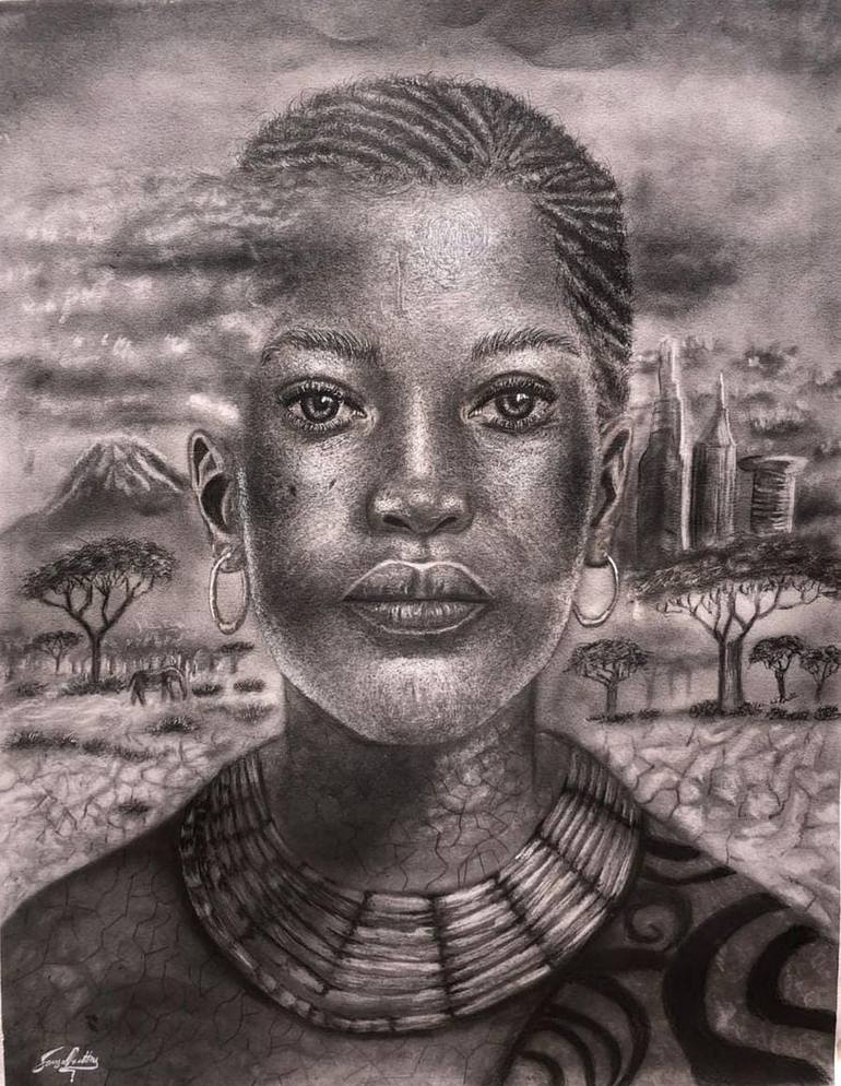 Original Women Drawing by Newton Liani | Realism Art on Paper | Mother of the soil