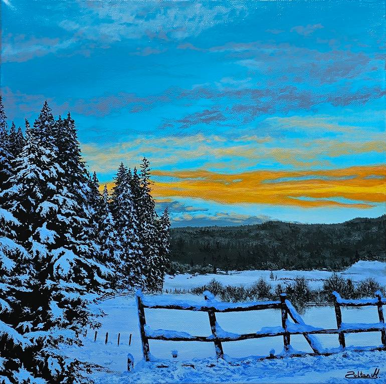 Original Landscape Painting by Zoltan Magyar | Contemporary Art on Canvas | Winter Sunset by The Countryside