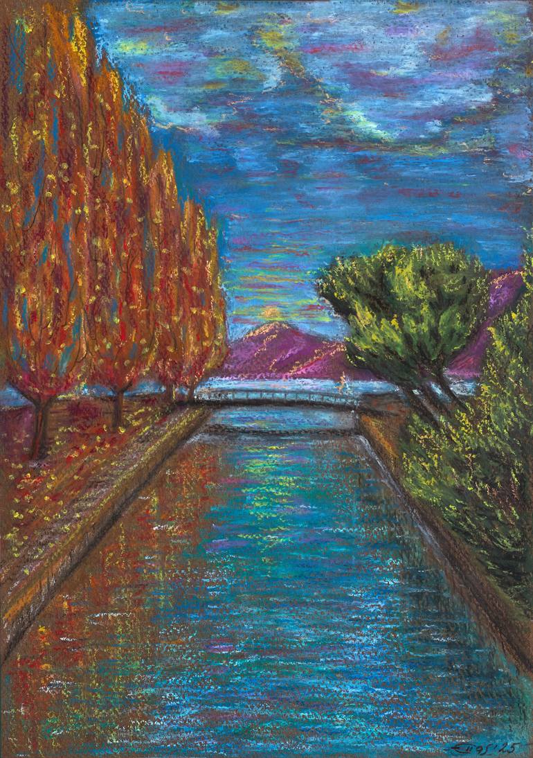 Original Landscape Drawing by Ella Smith | Contemporary Art on Paper | In the rays of the autumn sunset