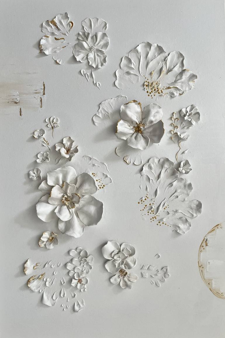Original Floral Mixed Media by Valeriia Melnykova | Abstract Art on Acrylic | White and Gold