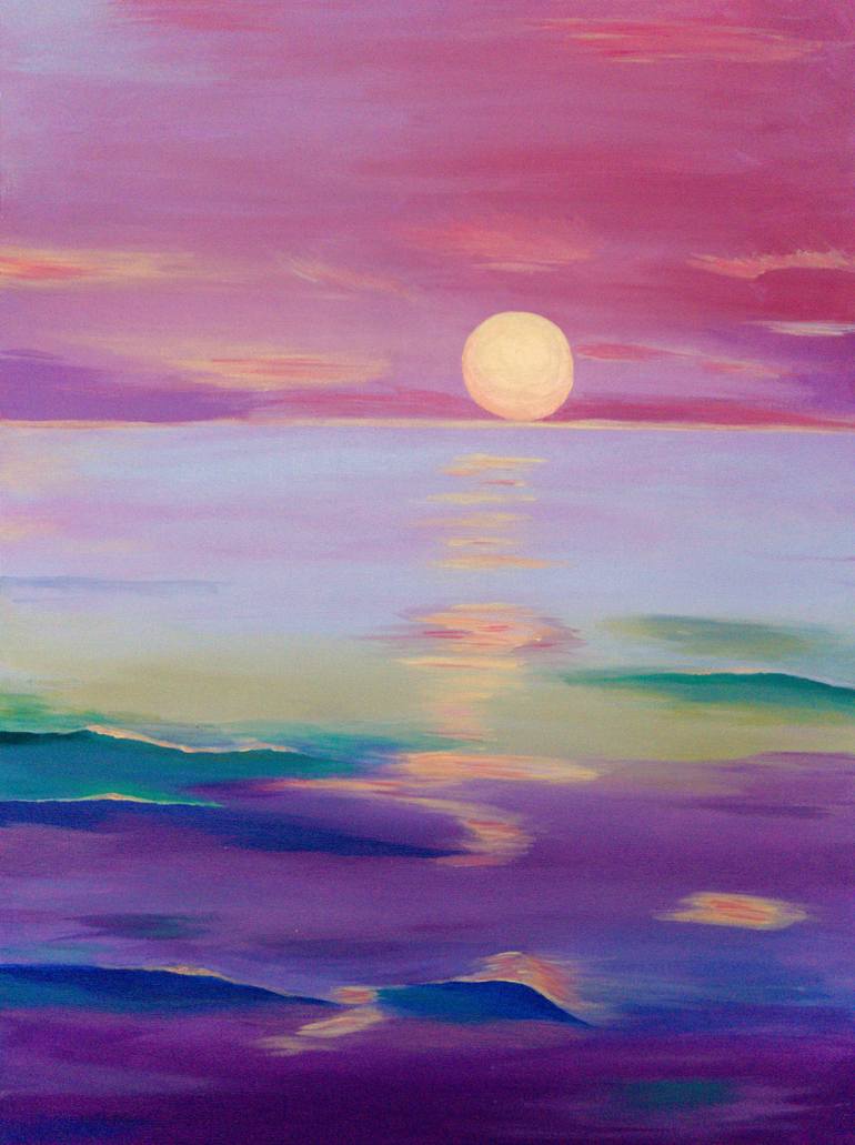 Original Water Painting by Angelina Swan | Surrealism Art on Canvas | Serene Seascape with Pale Sun - Dreamy Minimalist Acrylic Ocean