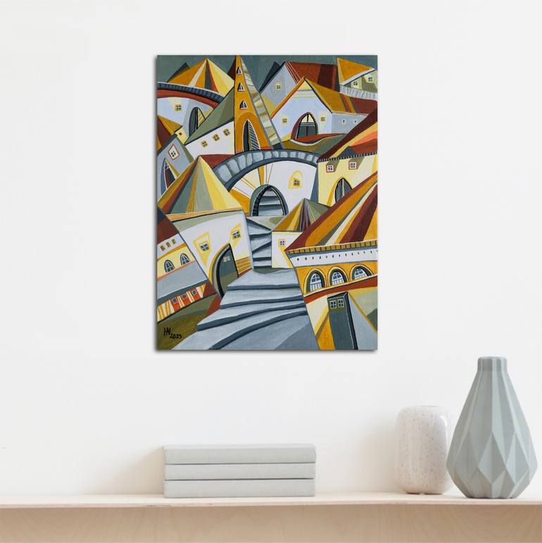 Original Abstract Expressionism Cities Painting by Aniko Hencz