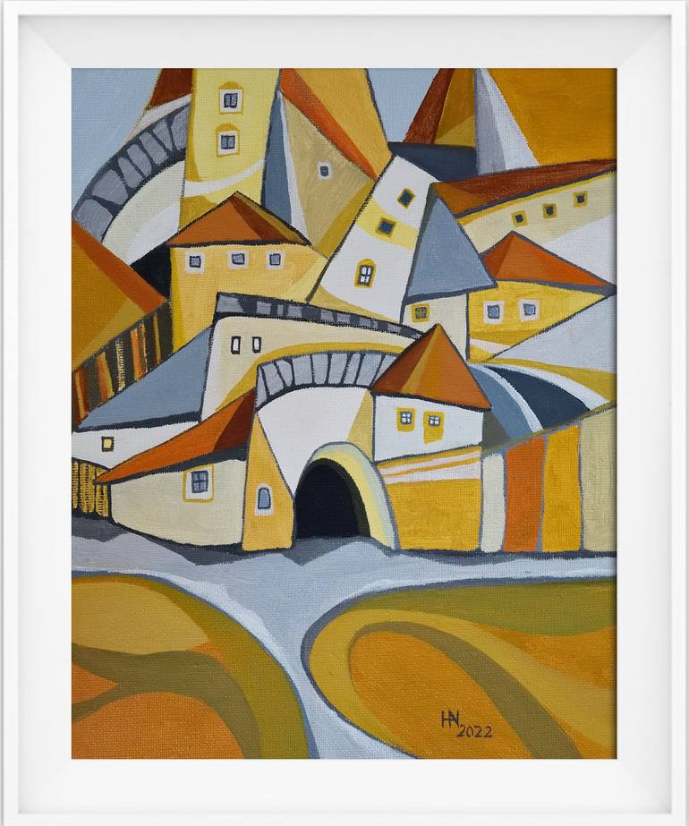Original Cubism Cities Painting by Aniko Hencz 