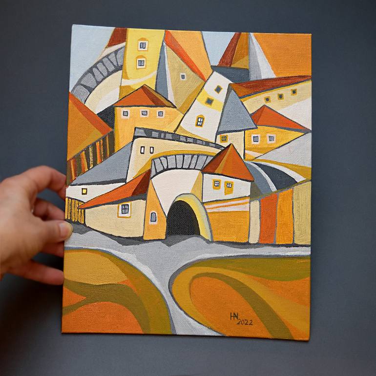 Original Cubism Cities Painting by Aniko Hencz 