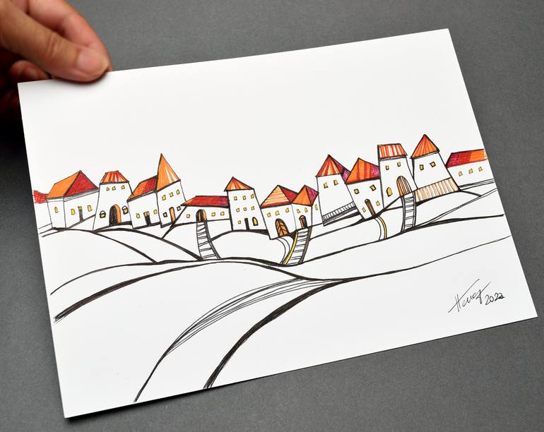 Original Cubism Cities Drawing by Aniko Hencz 