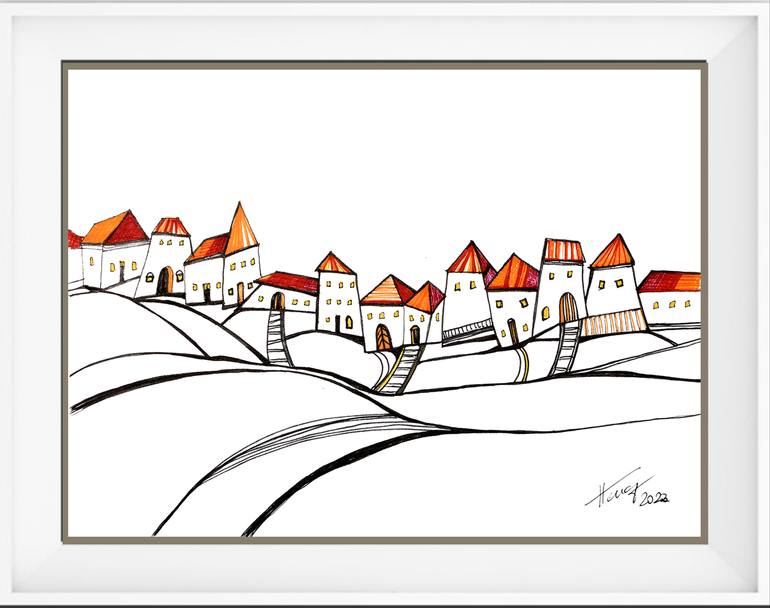 Original Cubism Cities Drawing by Aniko Hencz