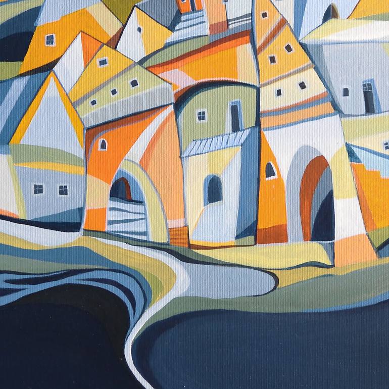 Original Cubism Landscape Painting by Aniko Hencz 