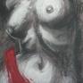 Original  figurative drawing on paper, unframed. Life size drawing made using XL charcoal blocks and red acrylic. Frontal image of a woman torso inspired by Venus De Milo, an ancient Greek statue. Size 22" x 31.5" (56 cm x 80 cm). Certificate of Authenticity. Deliver professionally protected with quality artist spray and glassine paper, wrapped and rolled in a mailing tube.