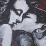 Original figurative acrylics, charcoal and chalk painting on paper, unframed. Sensual image of a couple in love passionately embraced.  Large  strokes of black and red acrylic paints applied by palette knife. Size 21.75 " x 30.25" (55 cm x 77 cm). Certificate of Authenticity. Delivered carefully rolled inside a mailing tube.